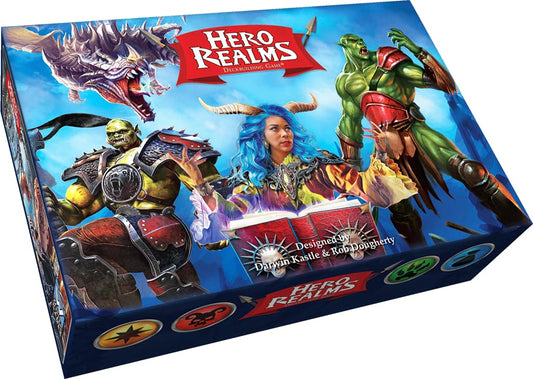 White Wizard Games Hero Realms deckbuilding game cover showing epic artwork for strategic play