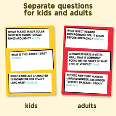 WHO KNOWS MORE? Kids or Adults question cards showcase diverse topics