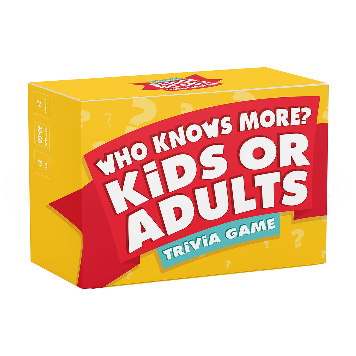 WHO KNOWS MORE? Kids or Adults trivia box cover promotes family fun