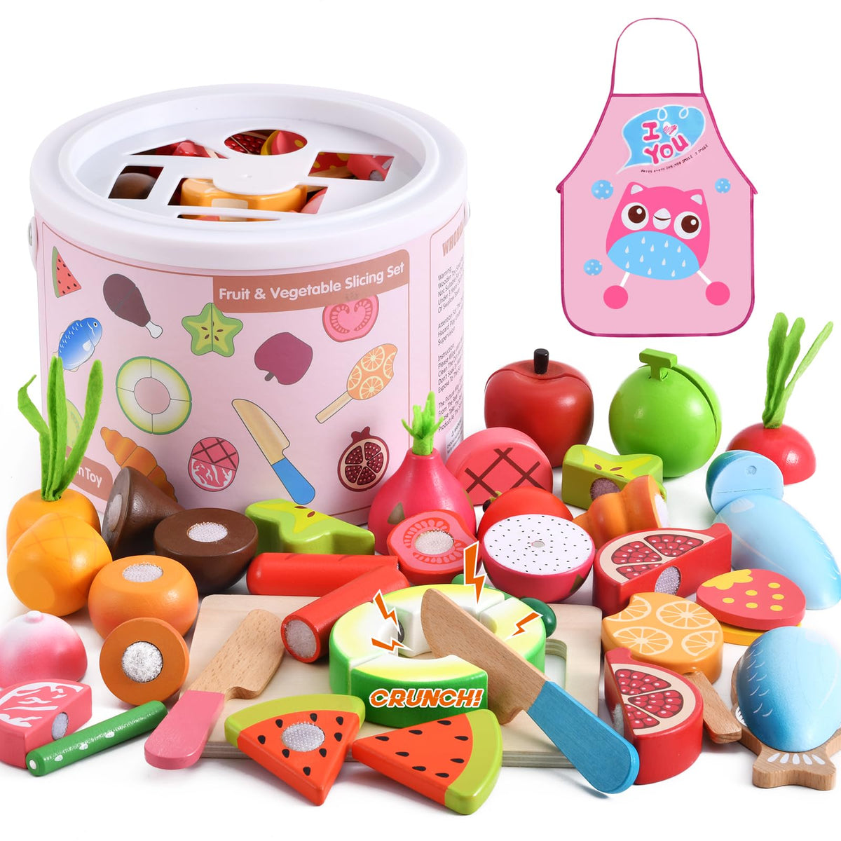 Whoholl 45-pcs wooden play food set for imaginative kitchen play.