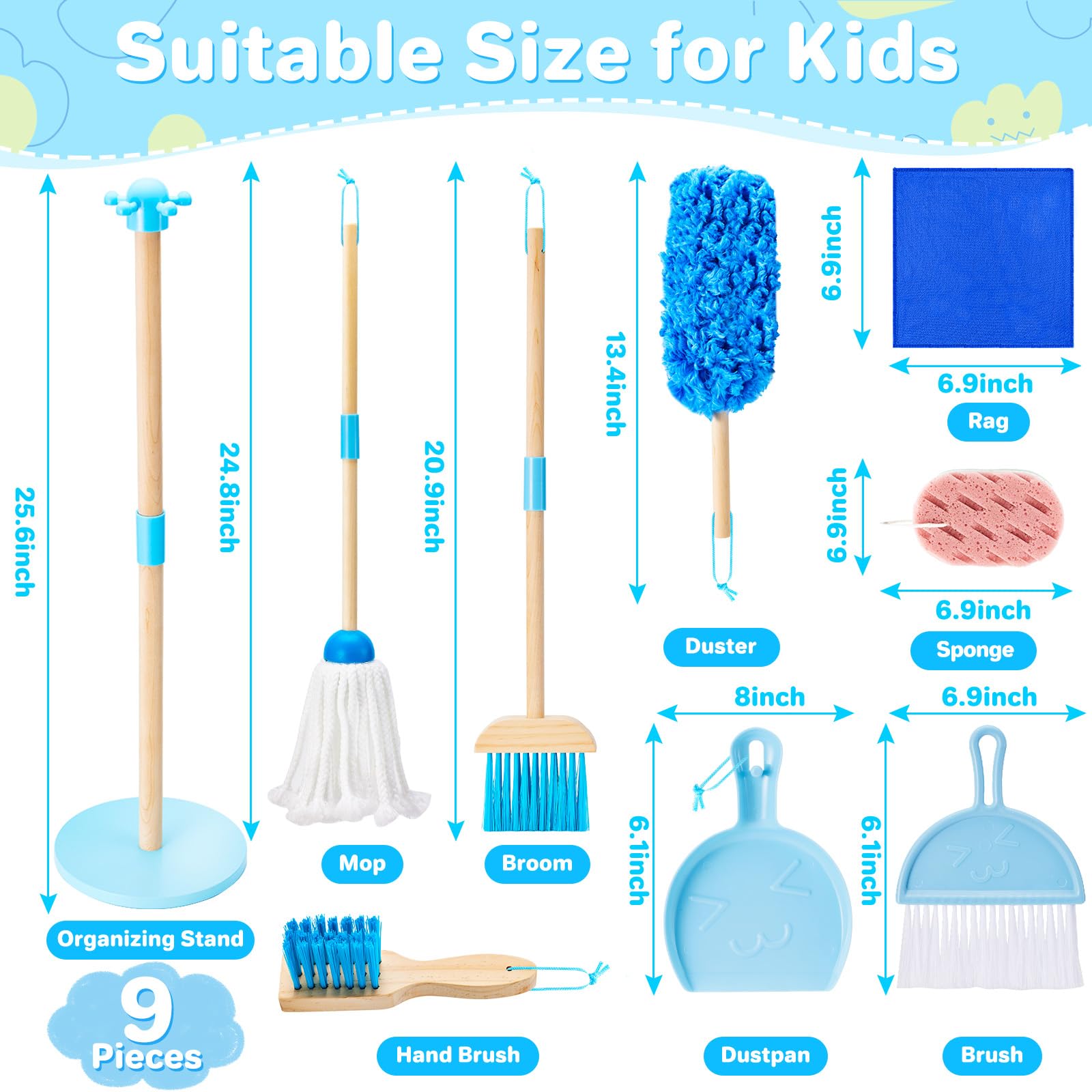 WHOHOLL 9 Pcs wooden cleaning set with duster, safe pretend cleaning