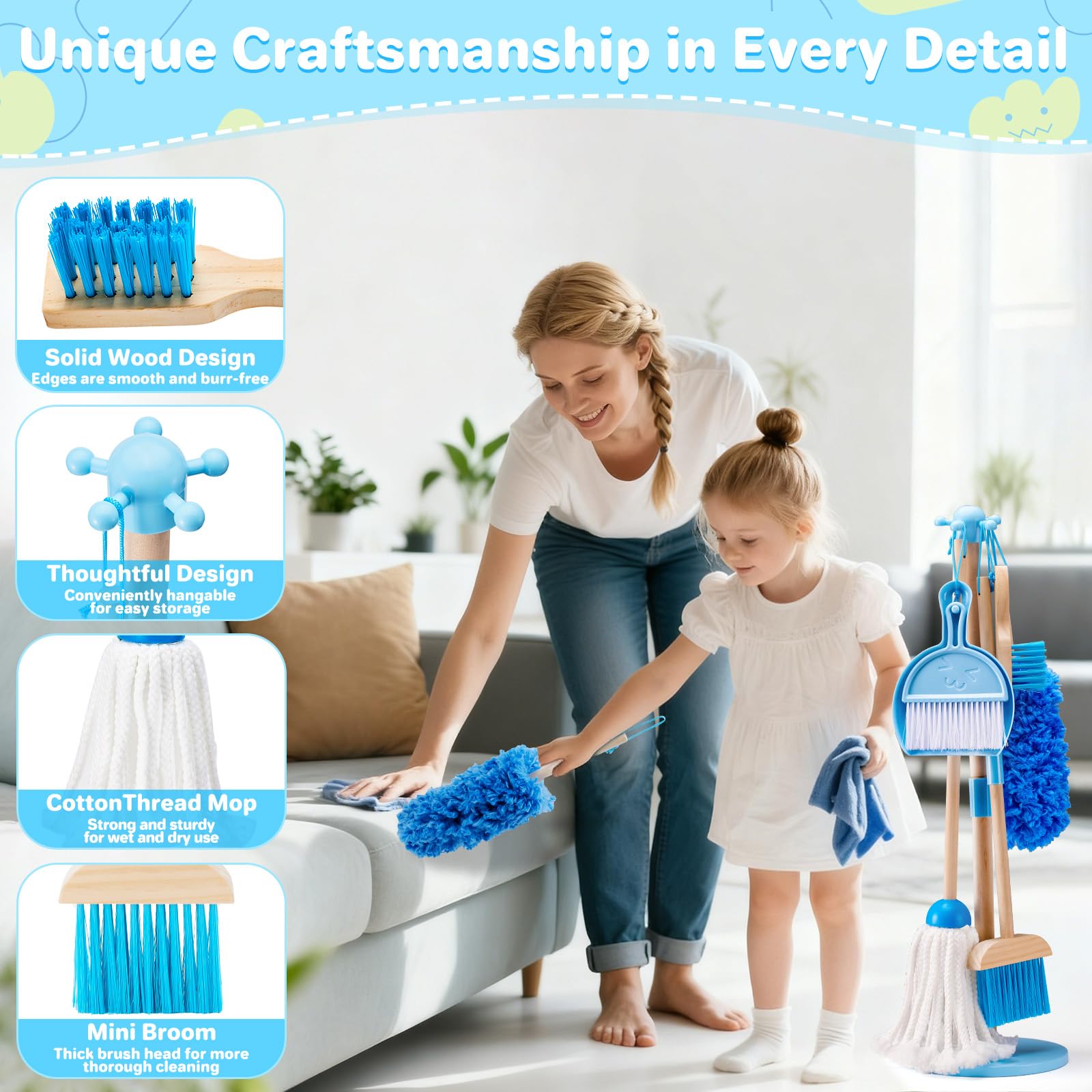WHOHOLL 9 Pcs wooden cleaning set with sponge, supports hands-on learning