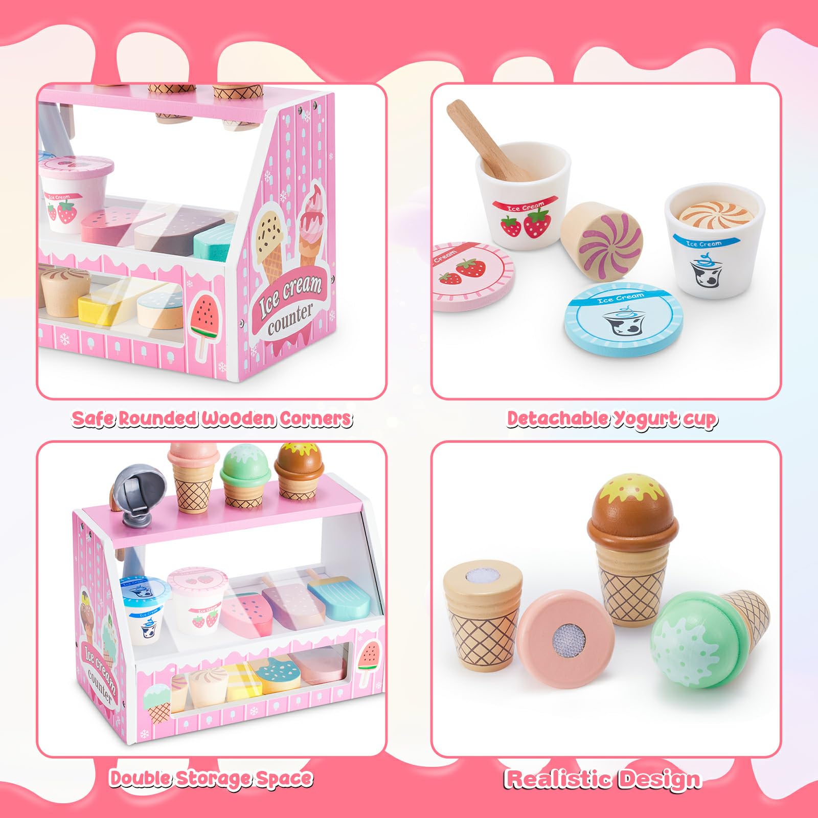 WHOHOLL wooden ice cream cans encourage pretend scooping and playful budgeting.