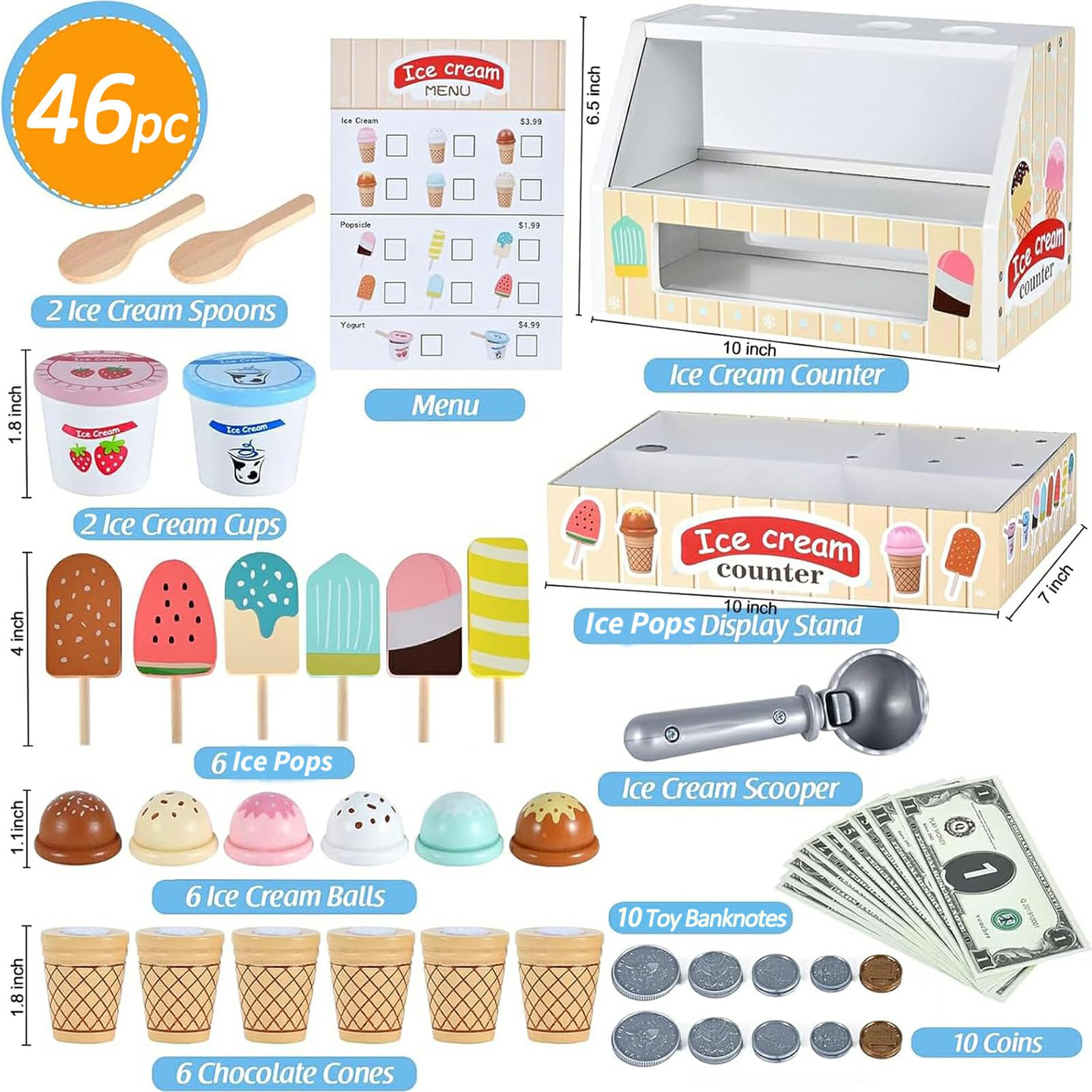 WHOHOLL scoops and cones set enables pretend sales and counting.