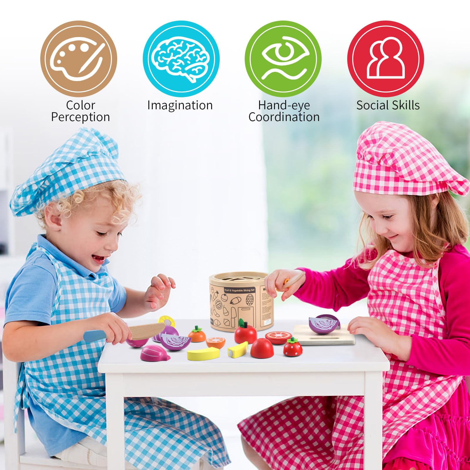 WHOHOLL wooden play food pieces with crunch sound during pretend slicing.