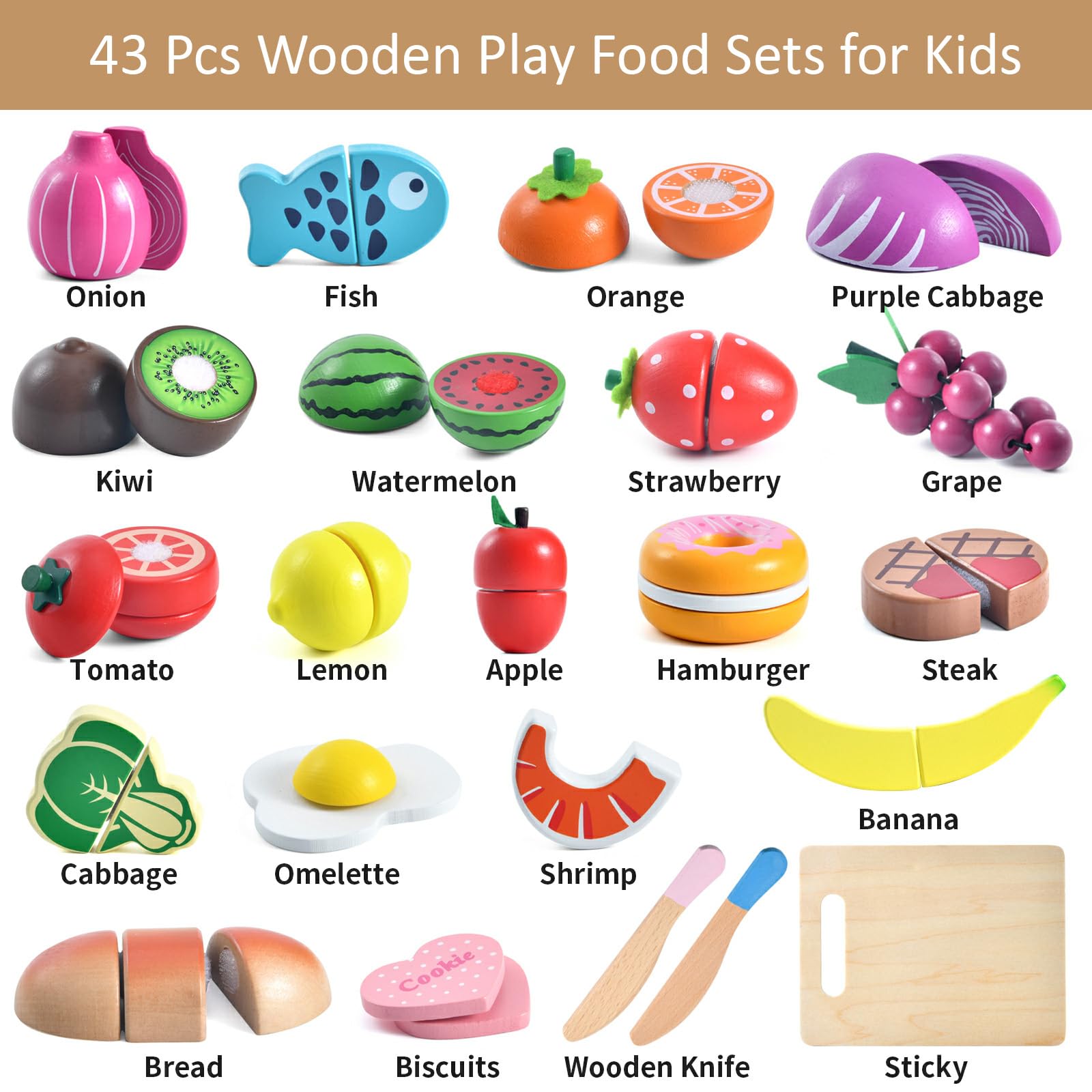 WHOHOLL wooden cutting board and knives for pretend meal prep.