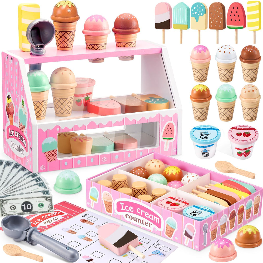 WHOHOLL wooden ice cream counter stand fuels imaginative play and pretend-store creativity.
