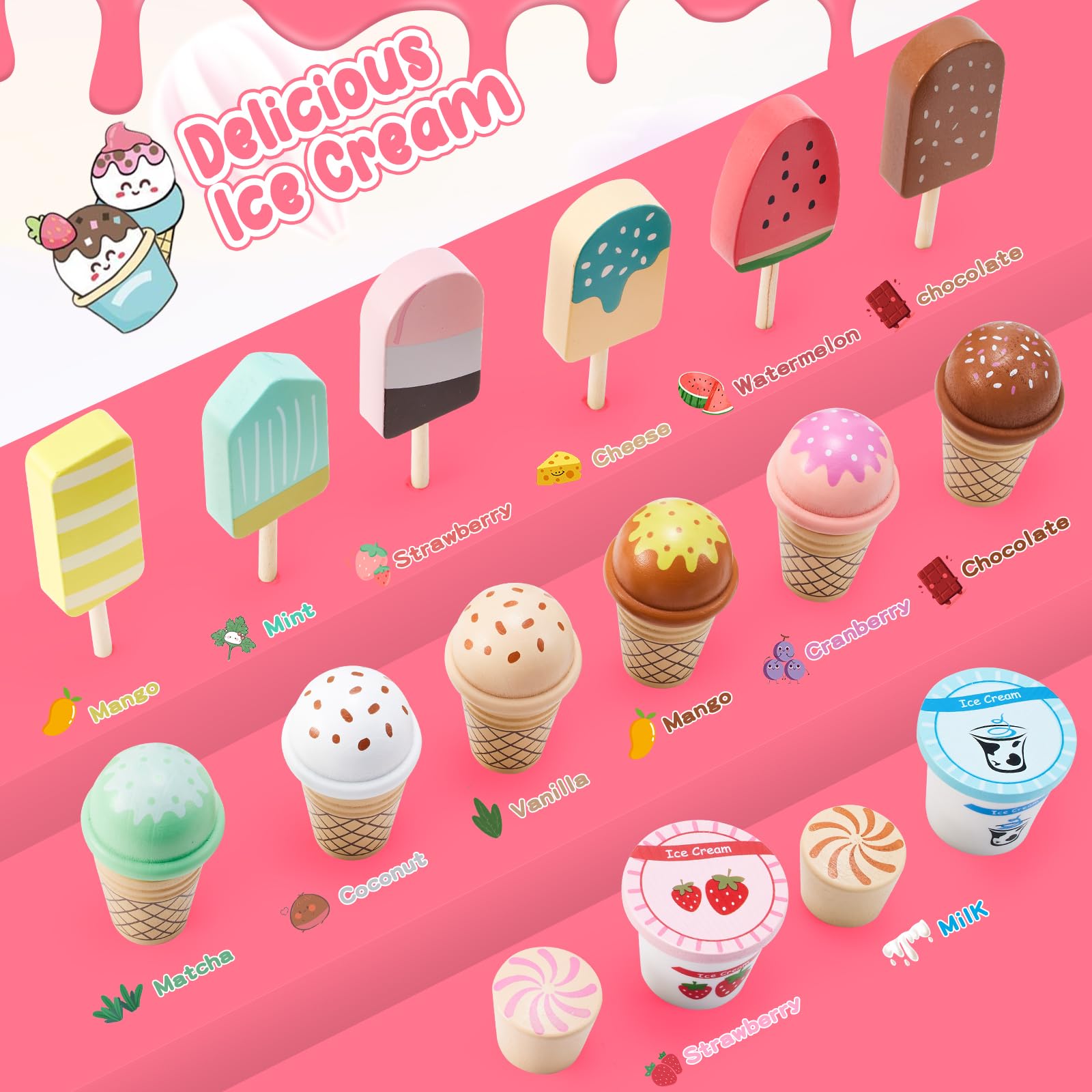 WHOHOLL wooden ice cream scoops help precise portioning during play.