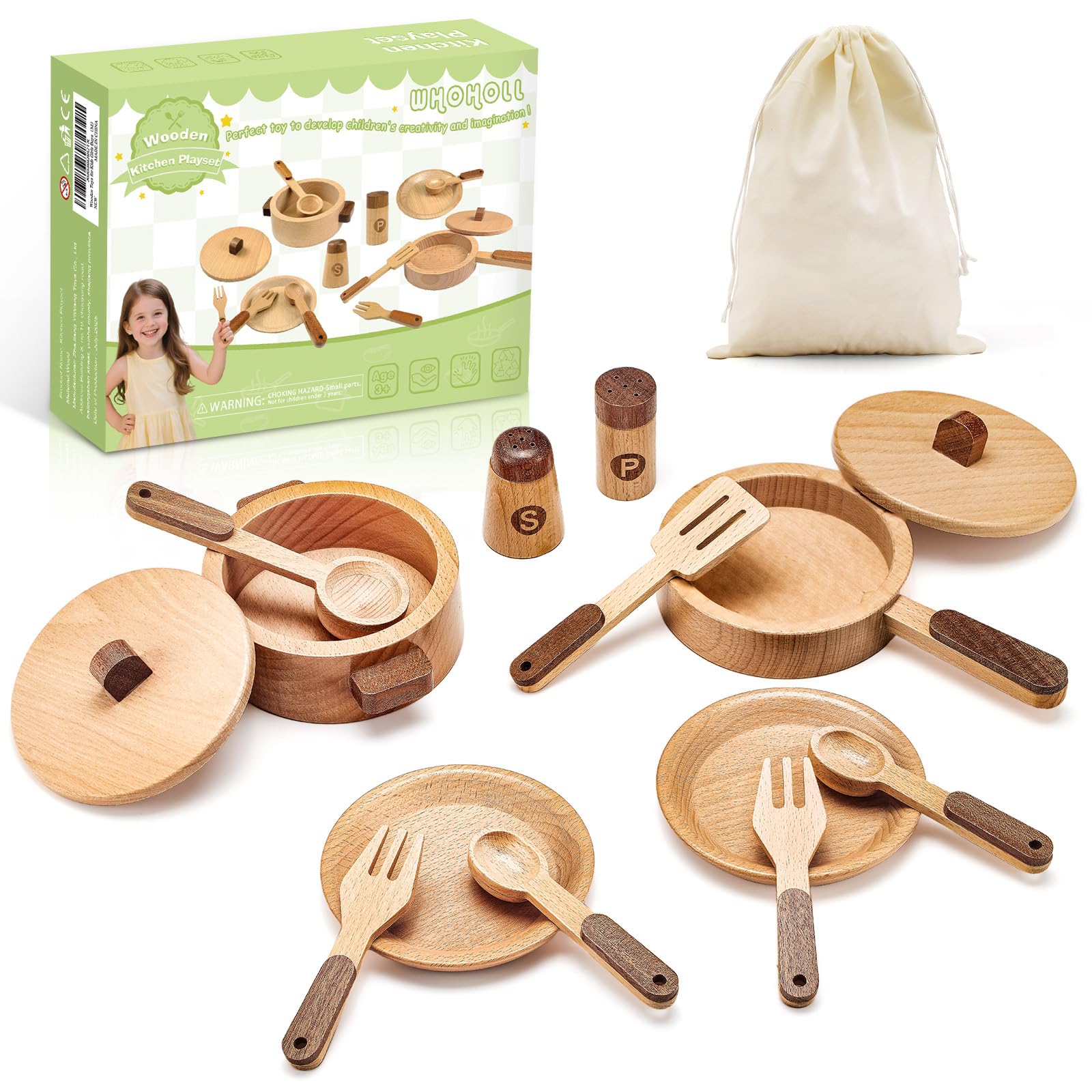WHOHOLL wooden play cooking pot with lid for immersive role-play and durable toddler kitchen fun.