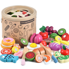 WHOHOLL wooden play food in a storage basket for safe pretend meals.