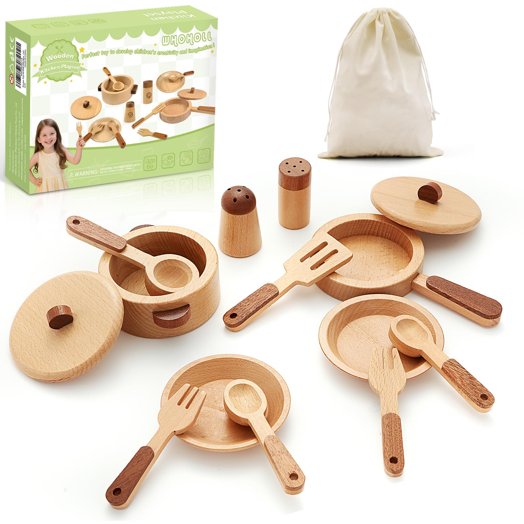 WHOHOLL wooden play kitchen set with pots and pans for imaginative play
