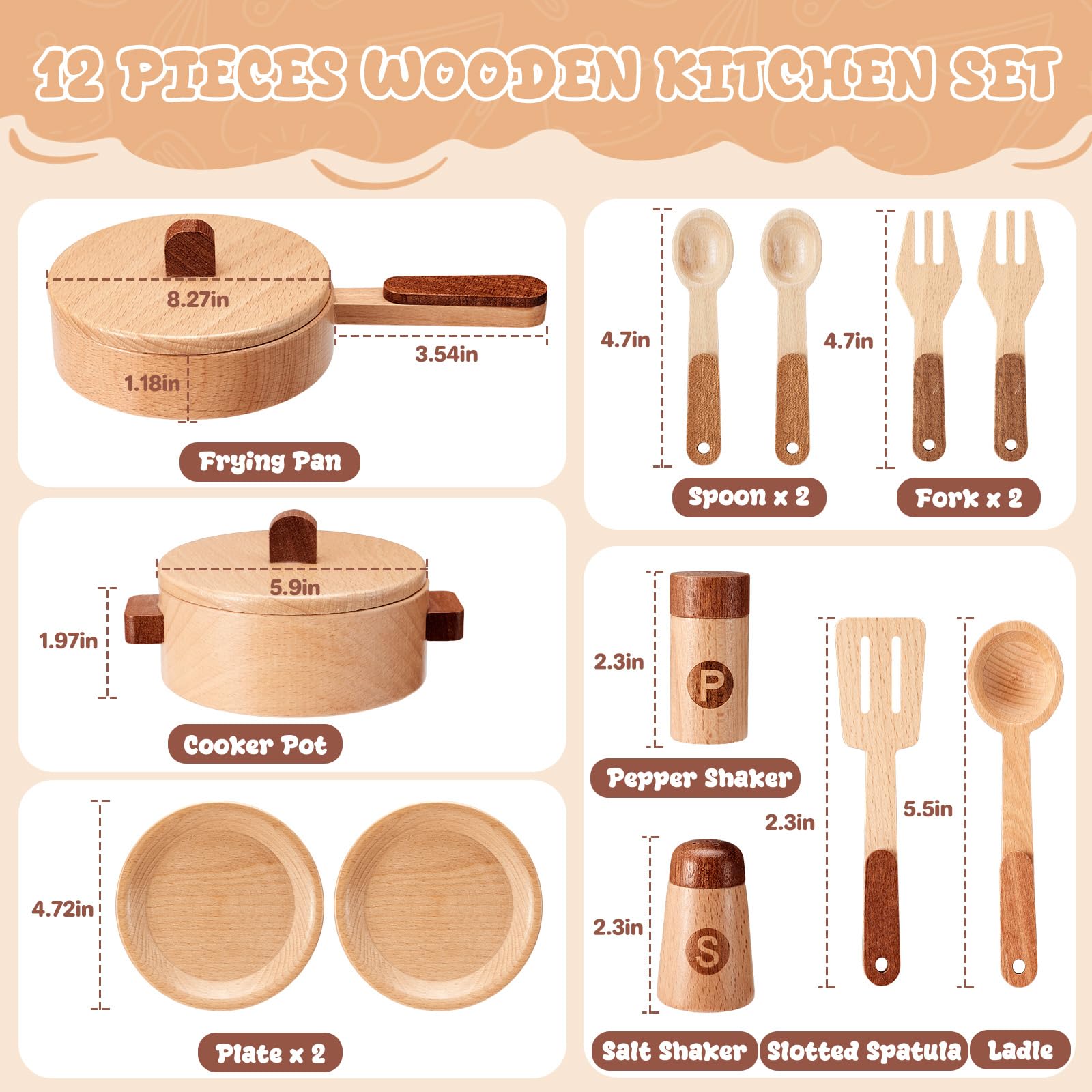 WHOHOLL wooden spice jars with S and P labels enhance realistic pretend seasoning.