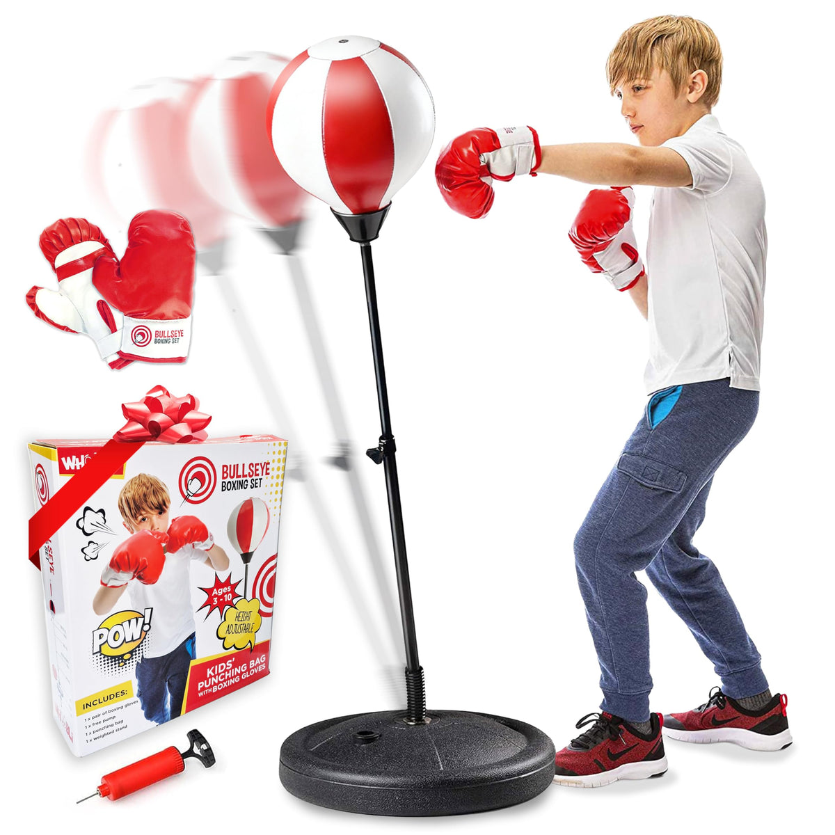 Whoobli punching bag stand in red and white for energetic kids.