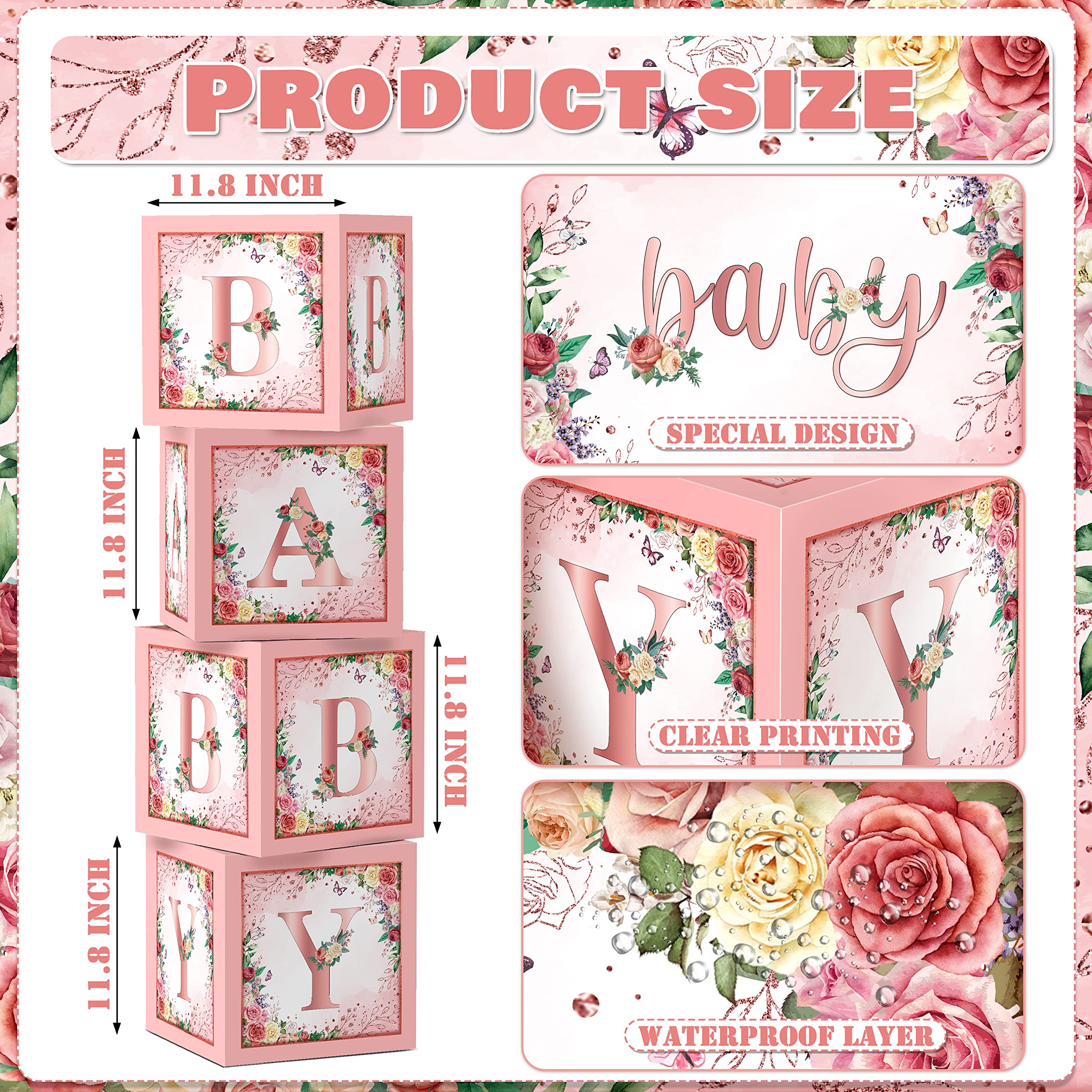 WHYMEO rose gold foil baby blocks highlight chic party decor.