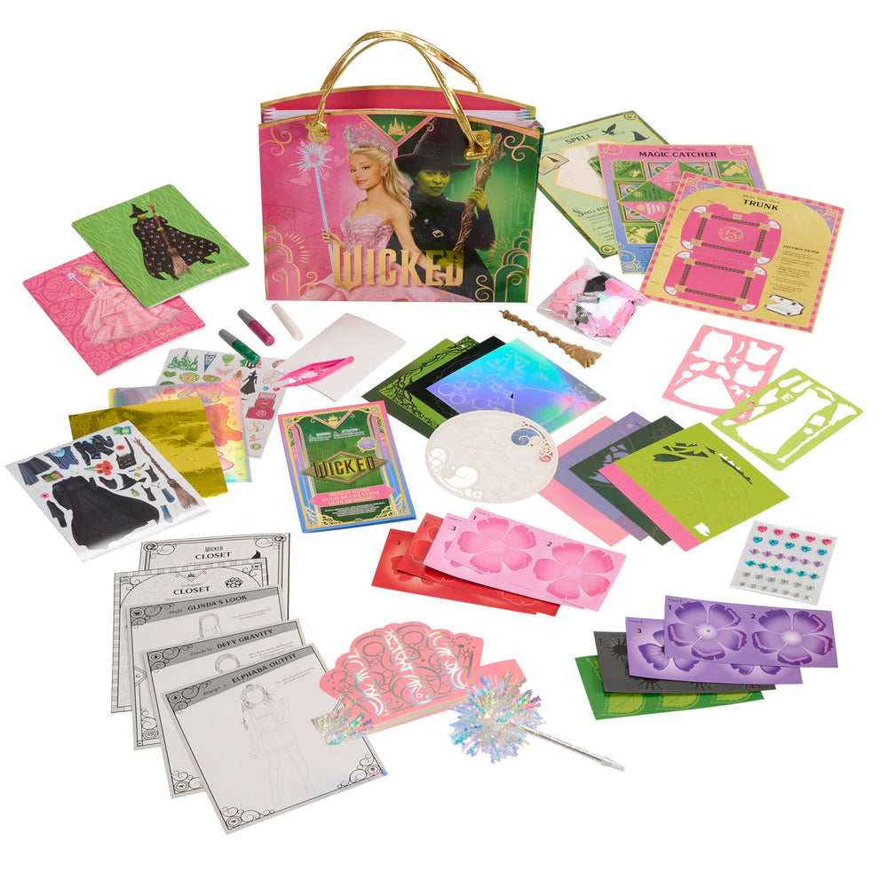 Wicked Universal Activity Tote sticker sheets and glitter for sparkly outfits.