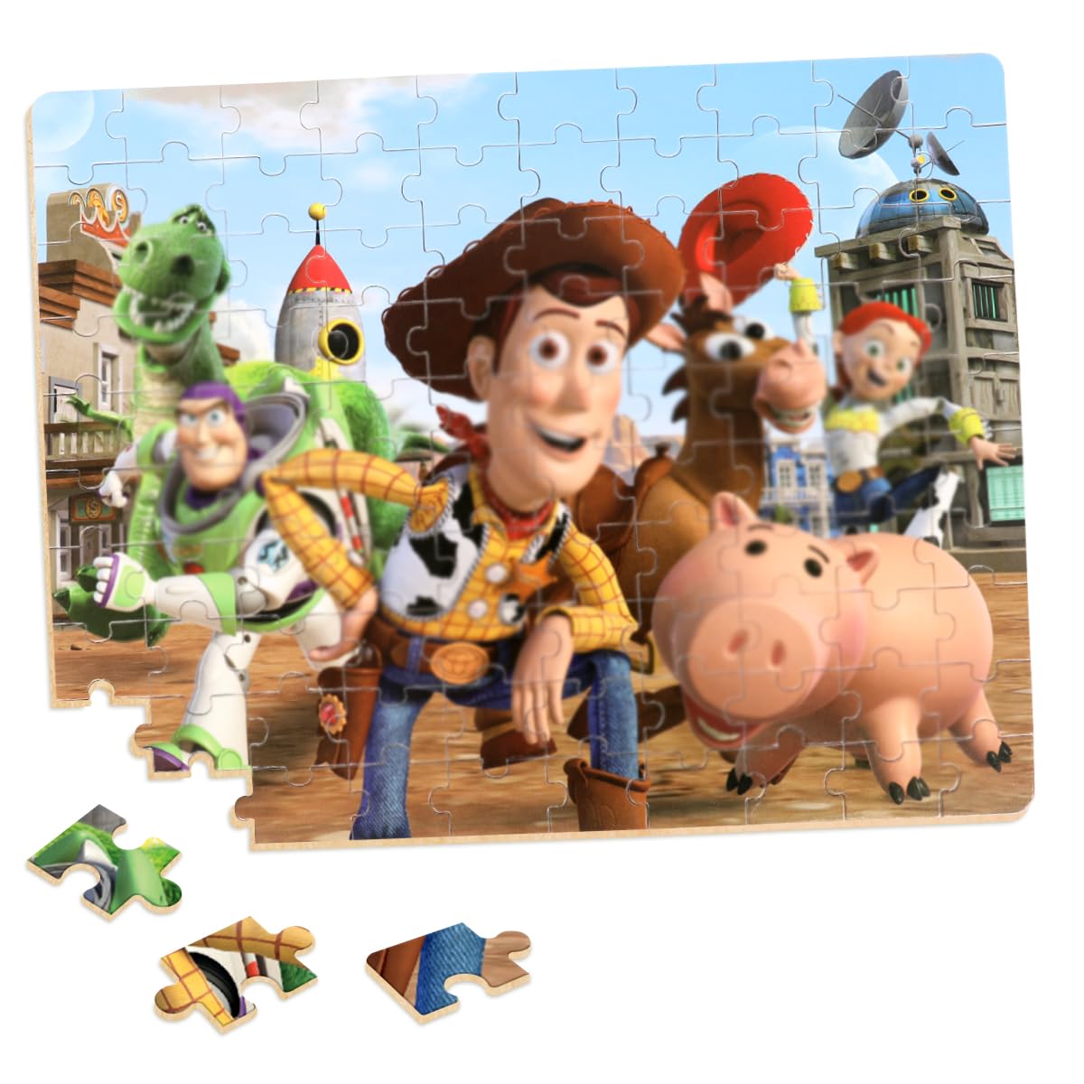 Wieewg 100-piece puzzle with pieces and tin box keeps parts organized for kids.