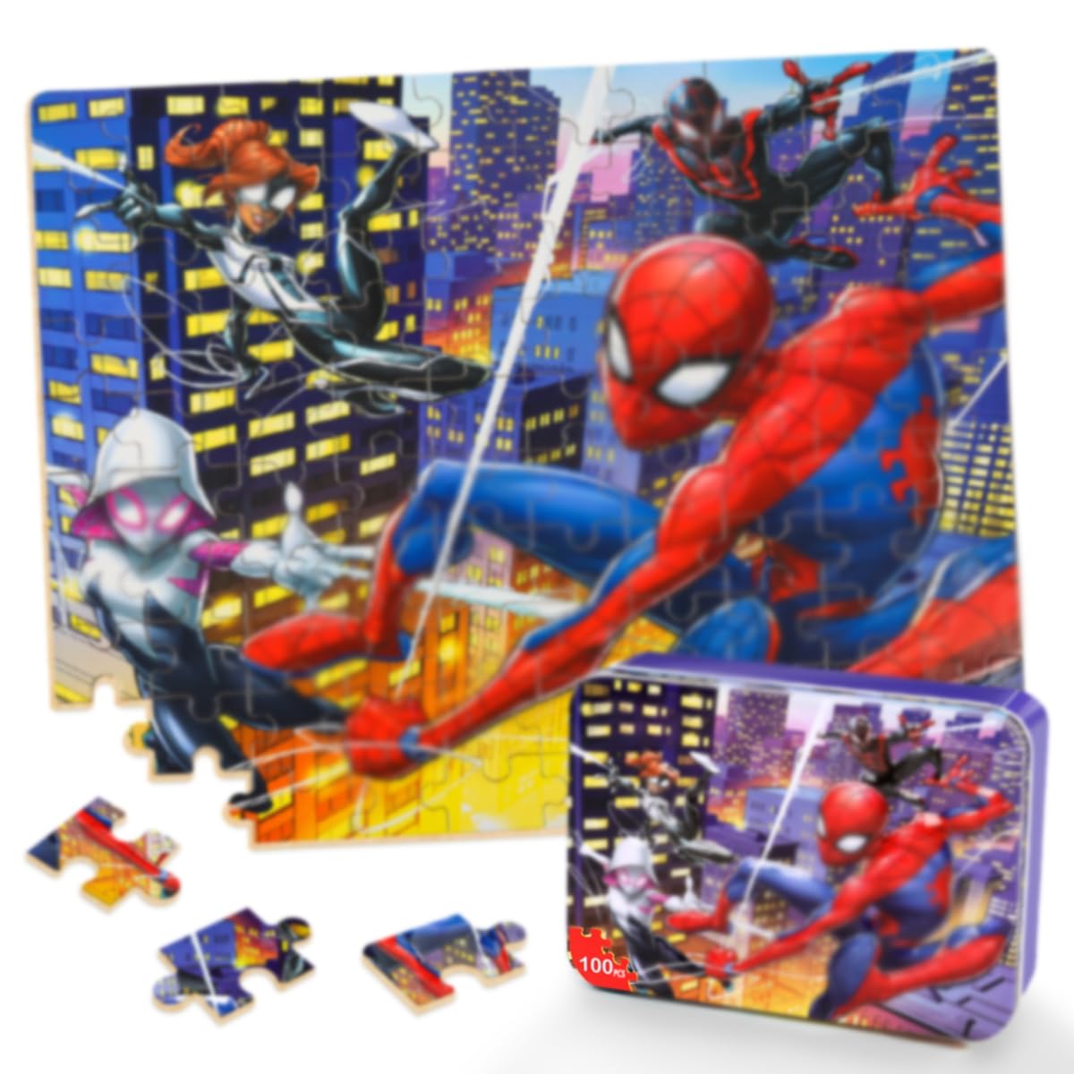 Wieewg 100-piece spider puzzle inside a sturdy tin box for organized play