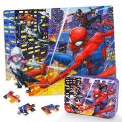Wieewg 100-piece spider puzzle inside a sturdy tin box for organized play