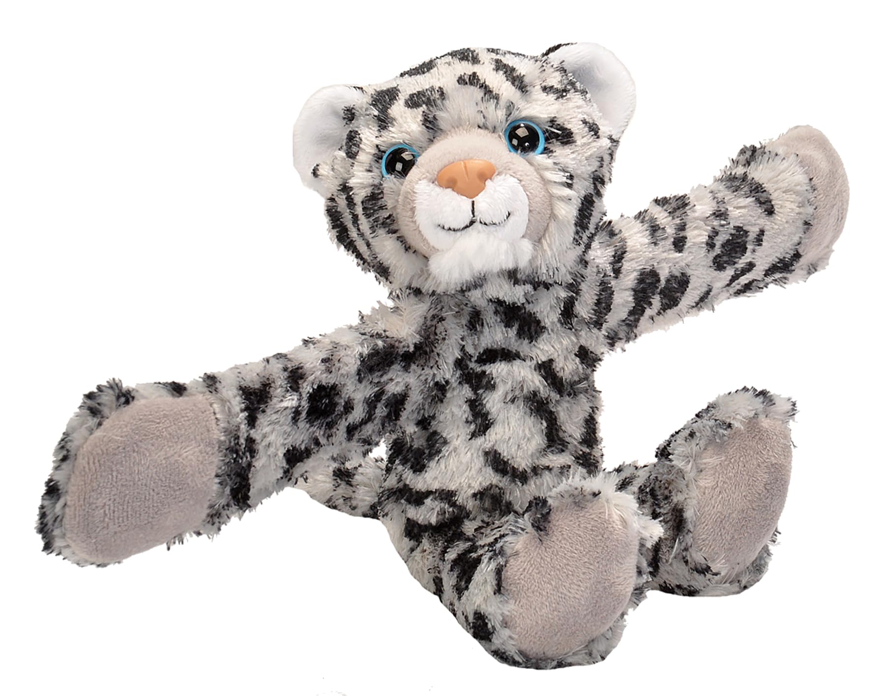 Wild Republic Huggers Snow Leopard plush with slap bracelet, ideal for backpack hugs.