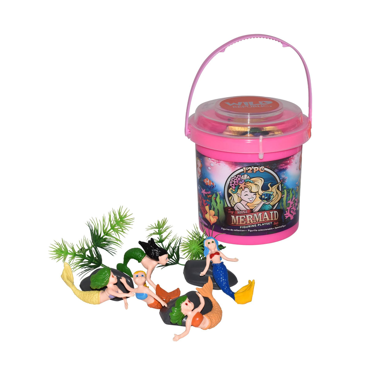 Wild Republic mermaid bucket contents show five figures and decorative pieces for imaginative ocean play.