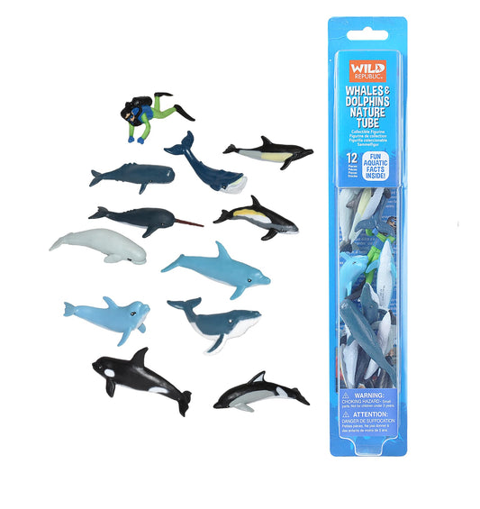 Wild Republic whales and dolphins tube figures for education and imaginative bath play.