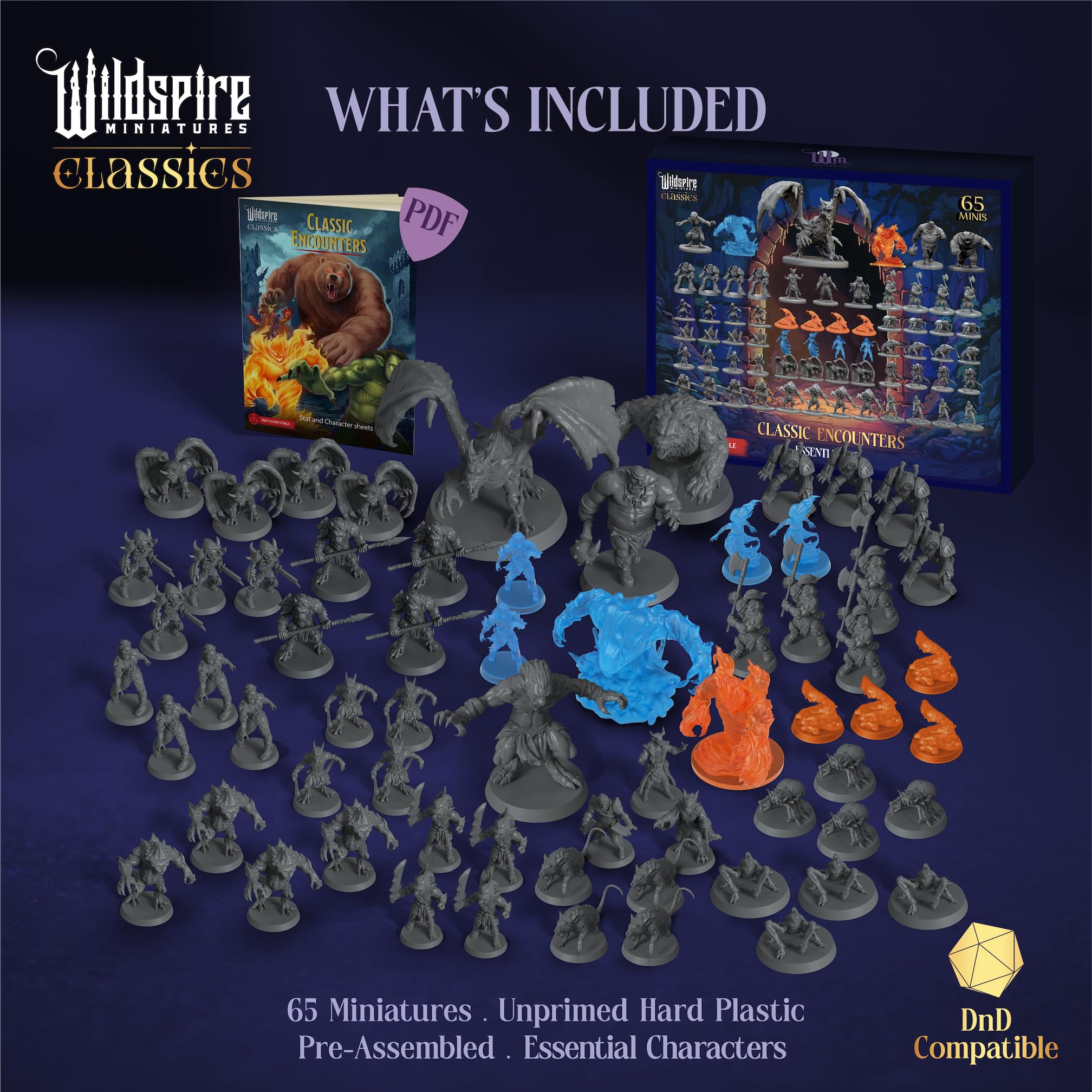 Wildspire Classic Encounters unpainted miniatures in posed stances, ideal for painting practice