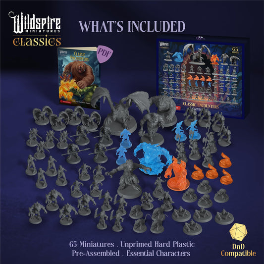 Wildspire Classic Encounters unpainted miniatures in posed stances, ideal for painting practice