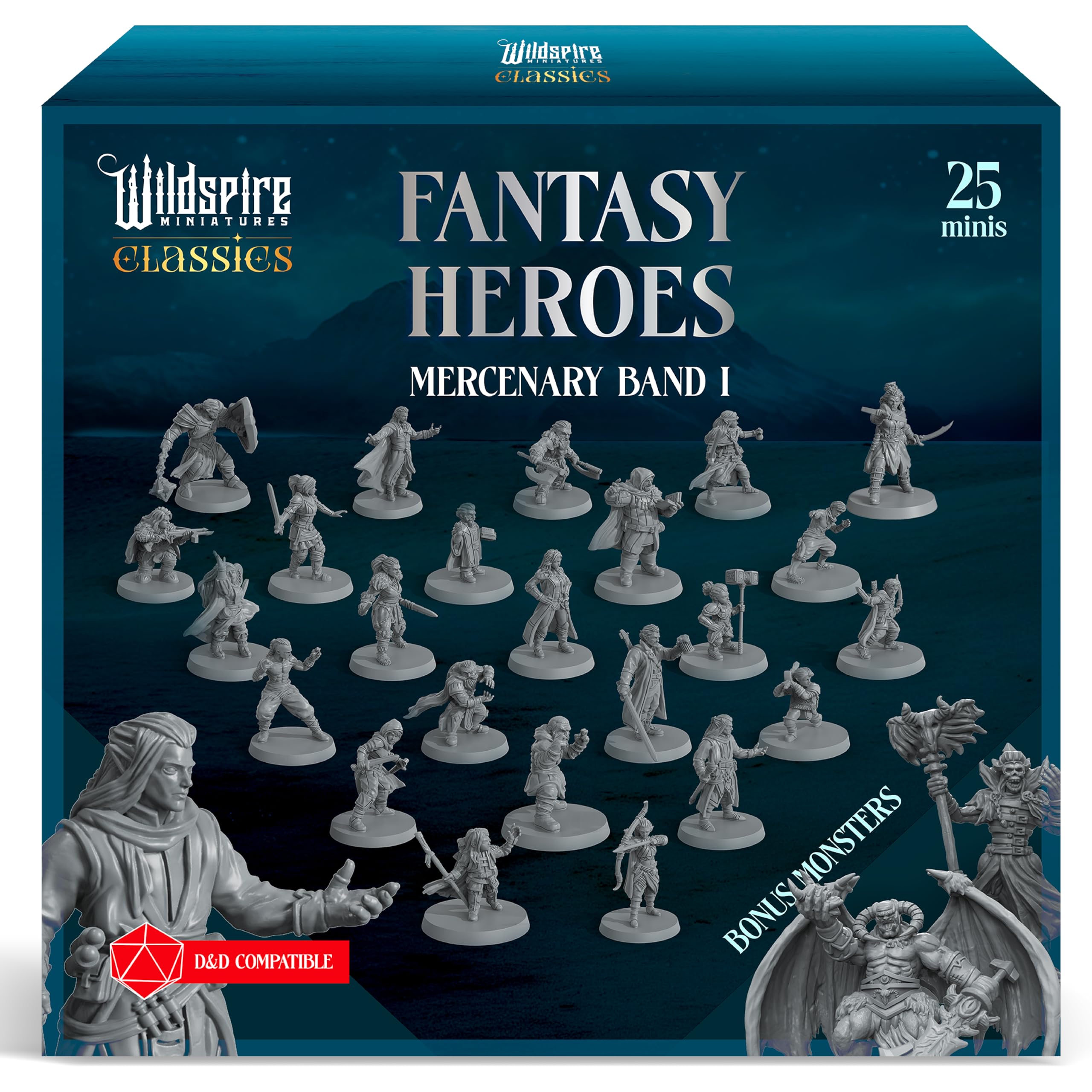 Wildspire Classic Mercenary Band collection: diverse 28mm minis ready for painting and tabletop battles.