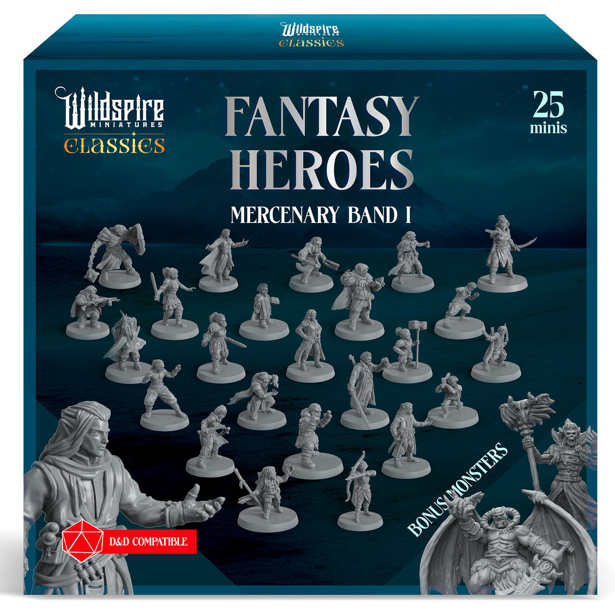 Wildspire Classic Mercenary Band collection: diverse 28mm minis ready for painting and tabletop battles.
