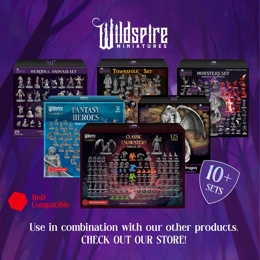 Wildspire bulk D&D miniatures pack with varied heroes and NPCs.