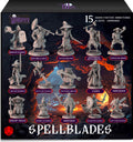 Wildspire Spellblades hero and NPC minis on display, ready for painting and tabletop adventures.