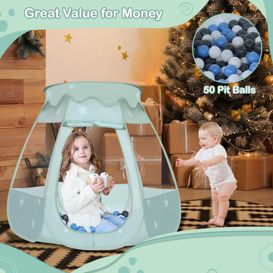 Wilhunter ball pit with 50 balls inside the tent for creative play.