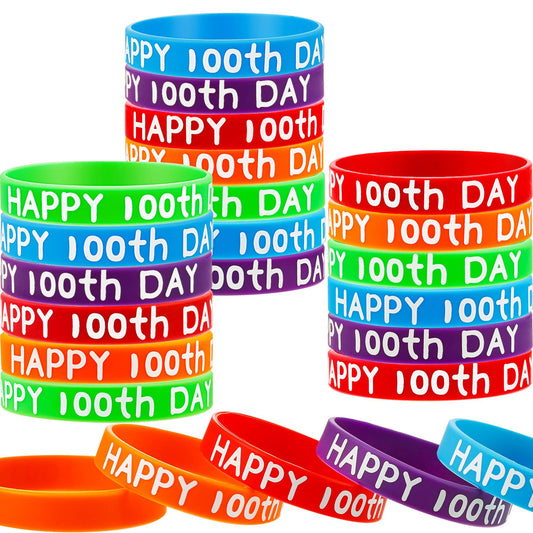 WILLBOND Happy 100th Day bracelets in vivid classroom colors.