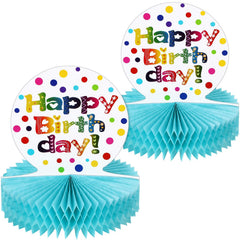 WillBond rainbow honeycomb centerpiece on table, bright birthday decor