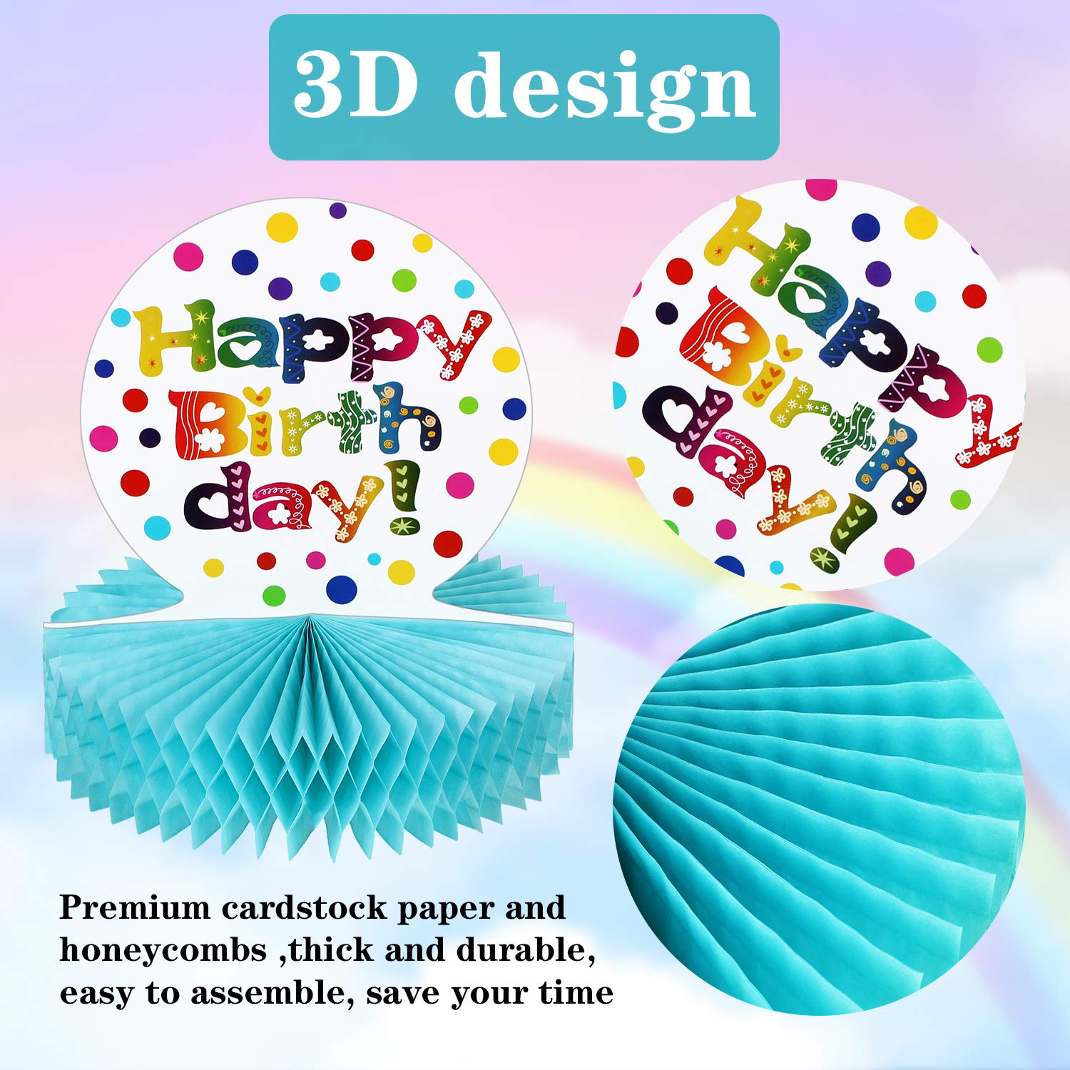 Two rainbow centerpieces framing a festive table scene