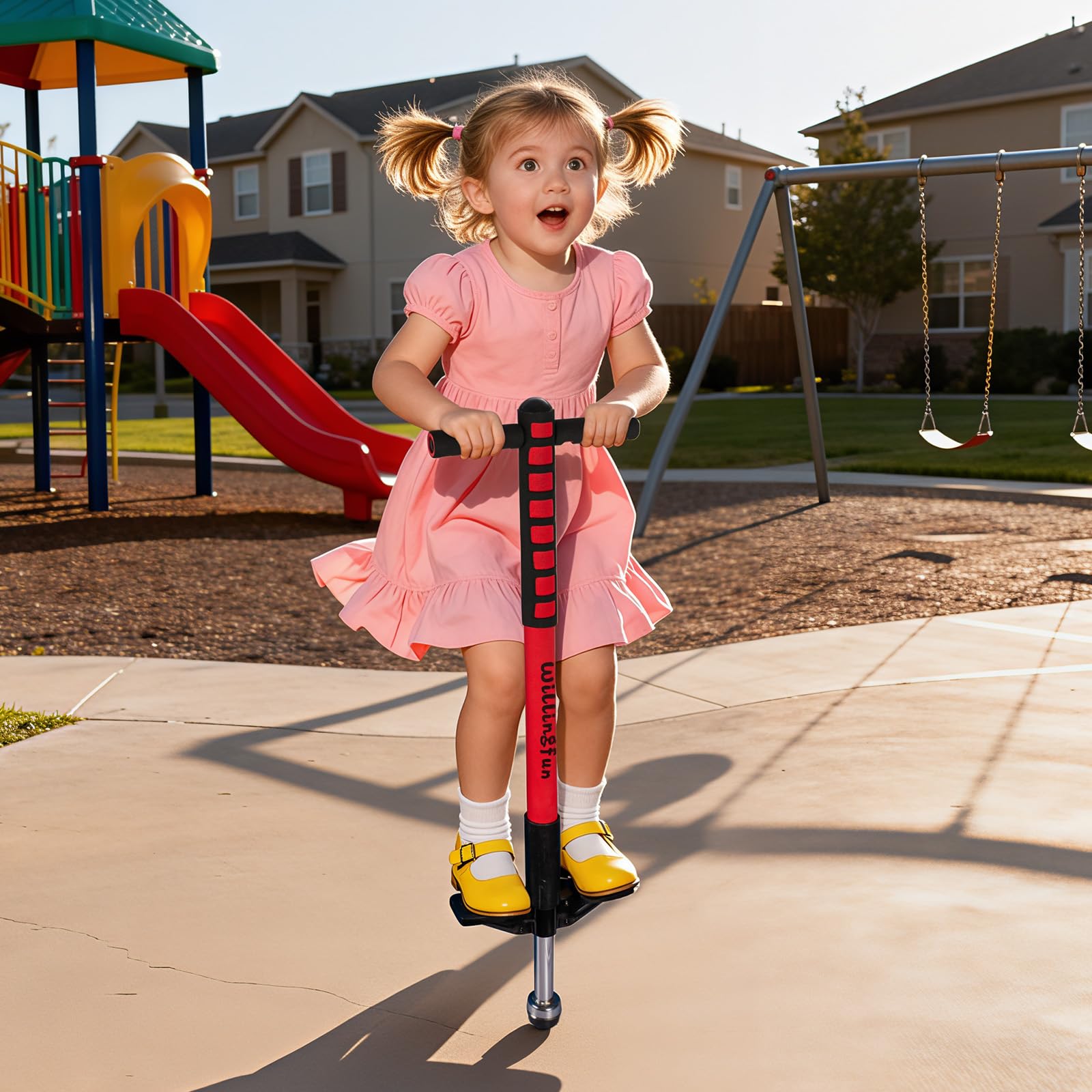 Willingfun pogo stick in use by a kid, promoting outdoor exercise and confidence.