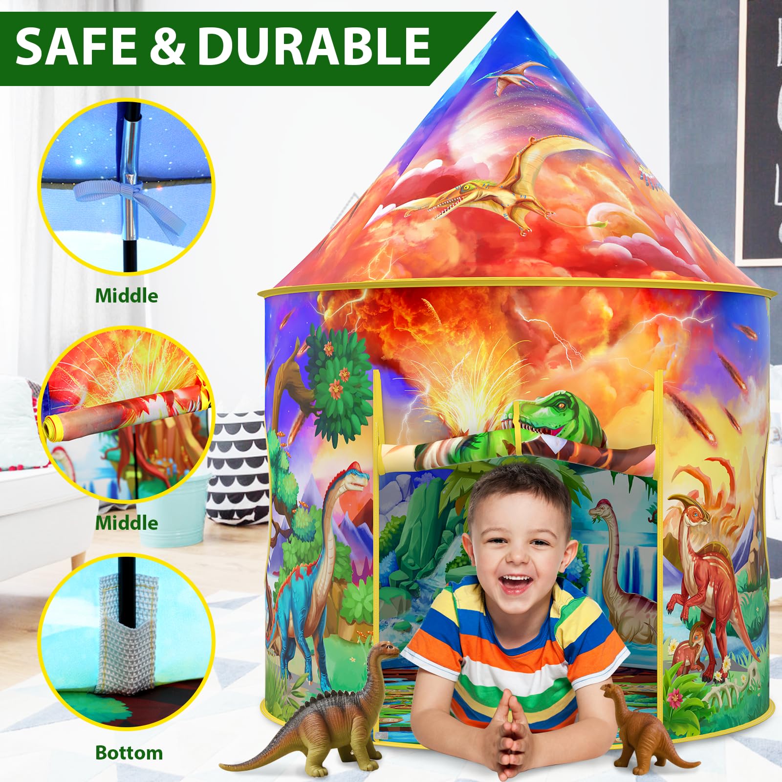 Wilwolfer Dinosaur Tent sturdy frame supports energetic toddlers during play.