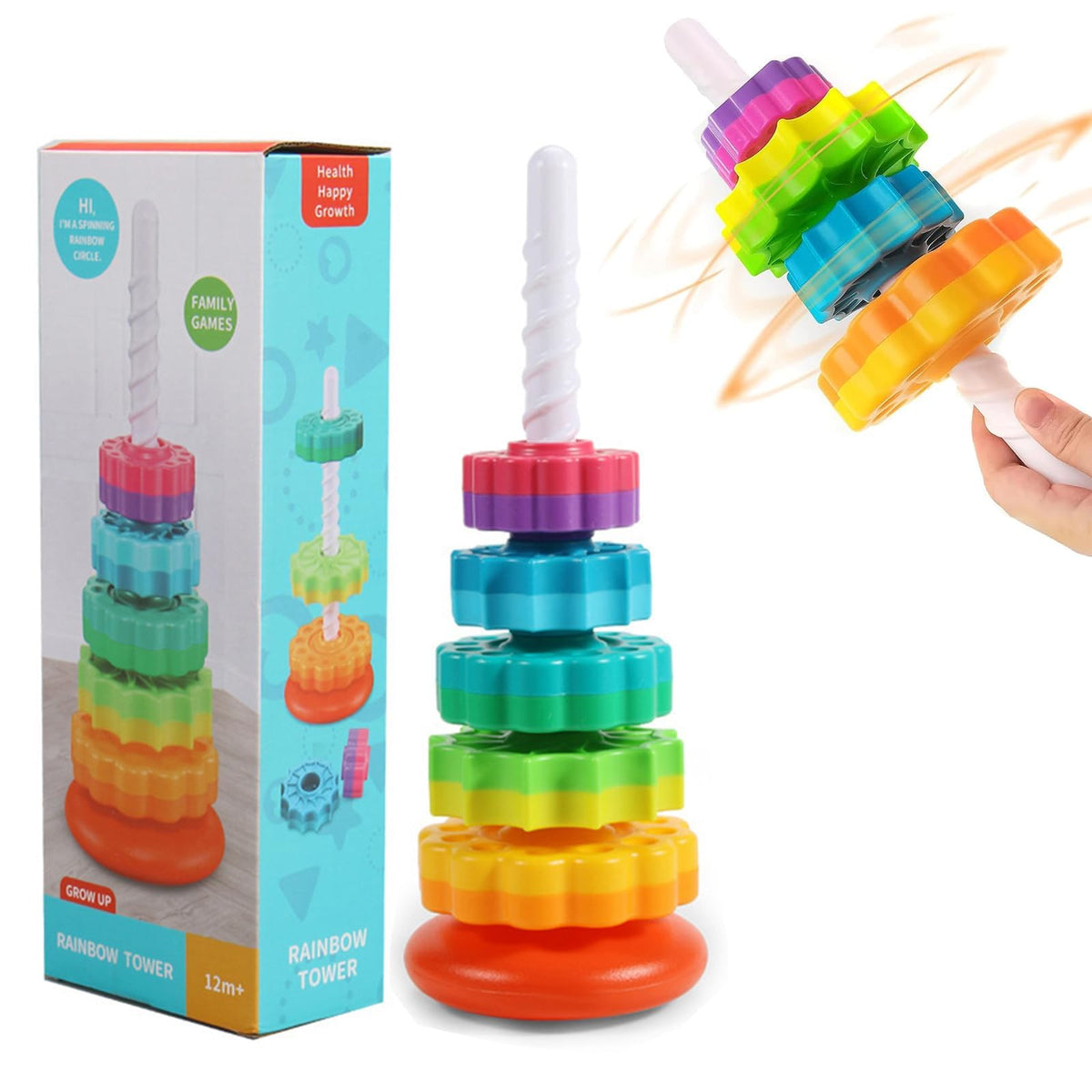 Winbar baby spinning stacking toys rainbow tower promotes sensory play and coordination.
