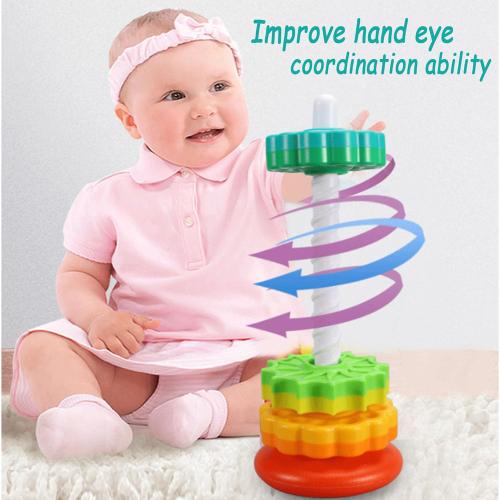 Winbar cause-and-effect toy encourages basic reasoning while the toy rotates and stacks.