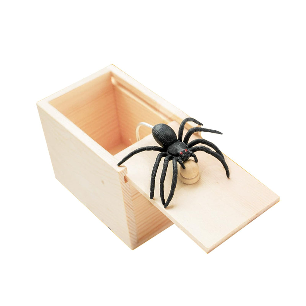 Winbar rubber spider trick box close-up showing natural wood and design for lighthearted pranks