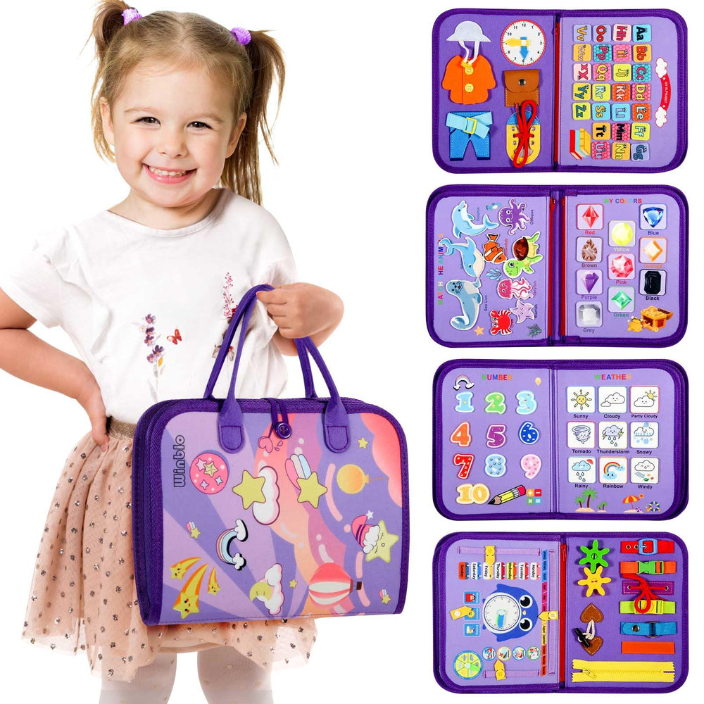 Winblo Toddler Busy Board front view showing life skills activities for independent play.