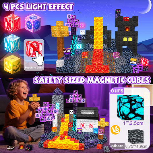 Winchoice Magnet light-up blocks illuminate nighttime castles and lava paths.
