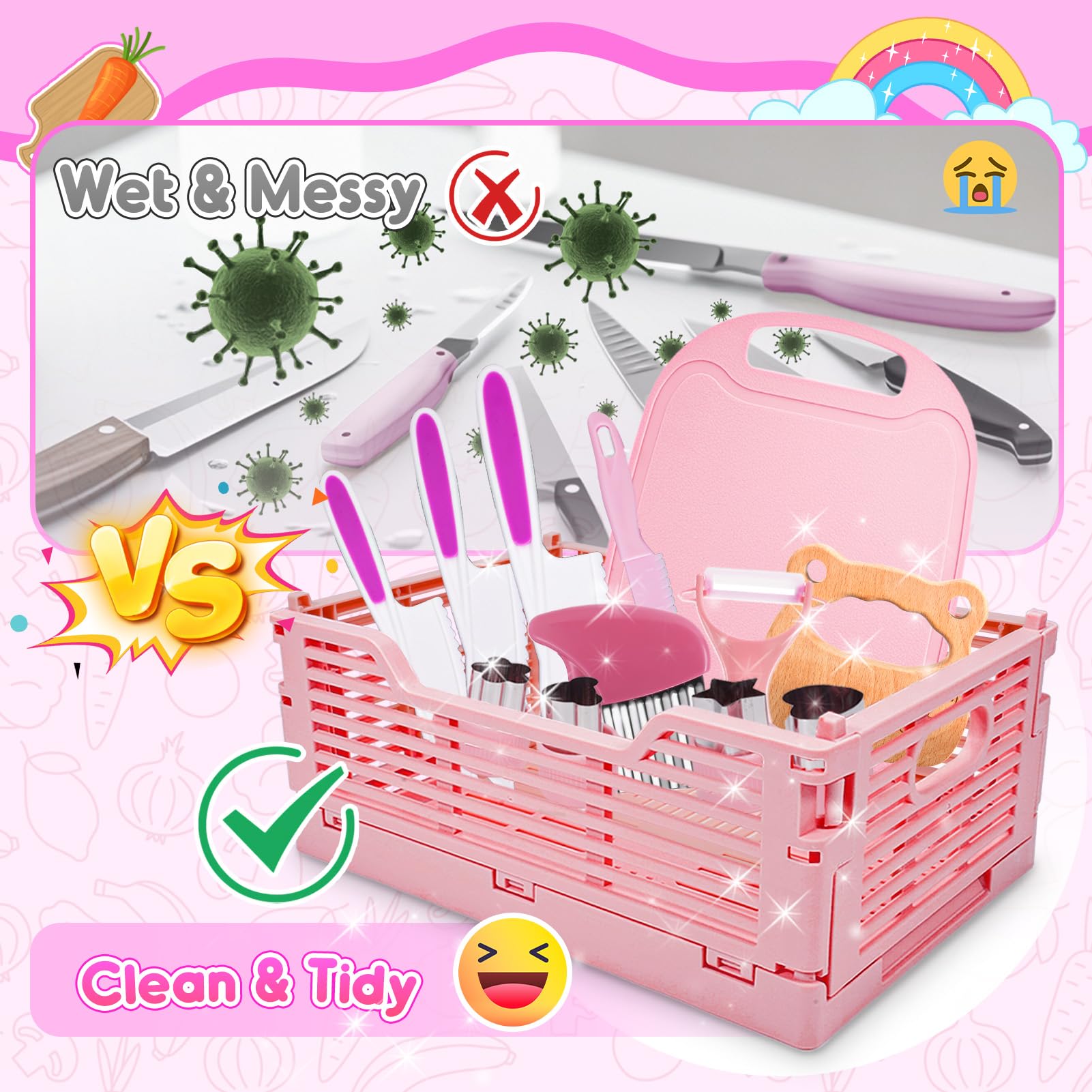 Windidi kids kitchen cutting board and knives used for pretend cooking.