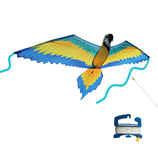 WindNSun 74-inch wingspan blue macaw kite offers dramatic aerial presence at the park.