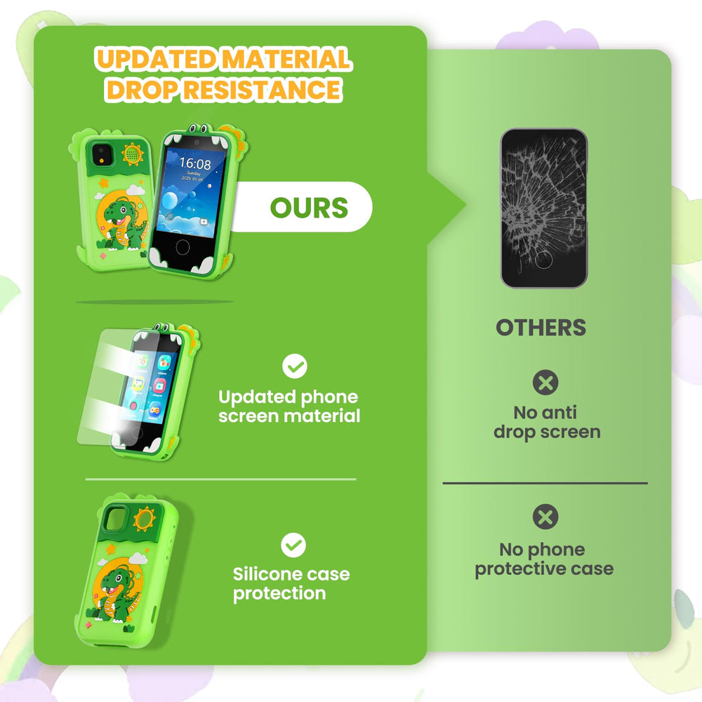 Windpaint Kids Phone Green dual cameras capture memories during play.