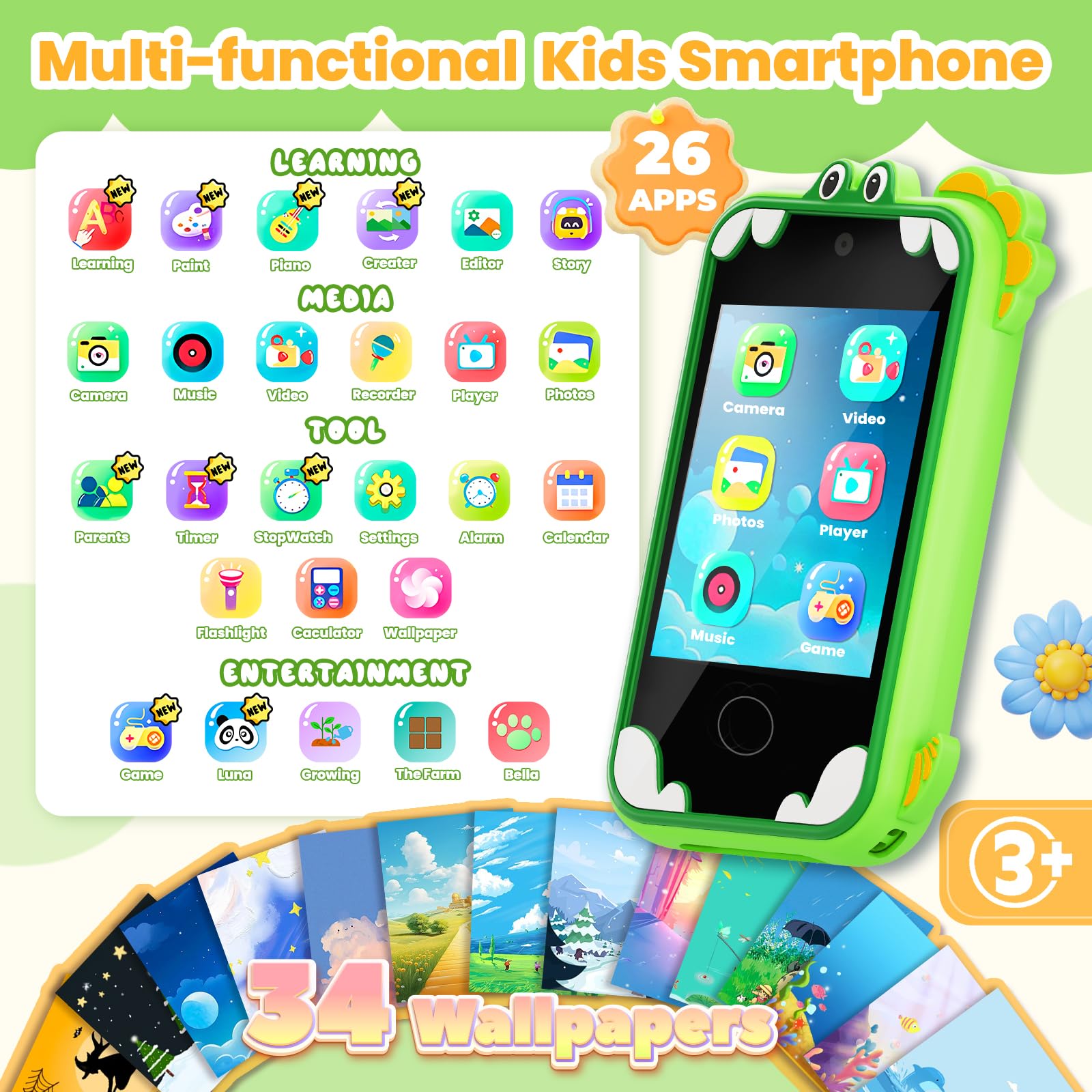 Windpaint Kids Phone Green screen display showcases a 2.8-inch touch interface.