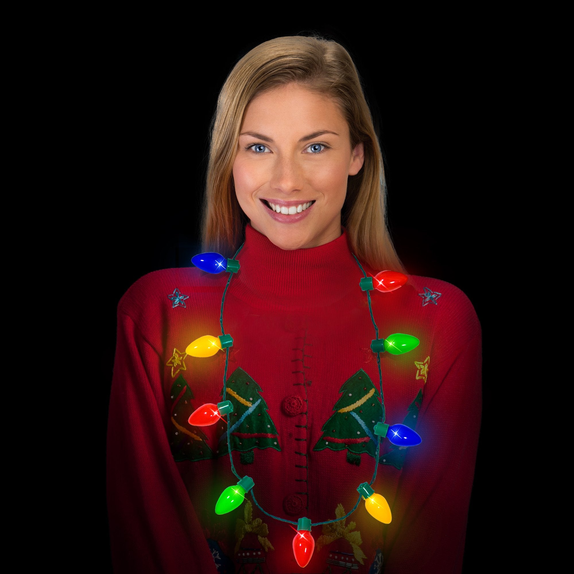Windy City Novelties 9-bulb necklace, lit bulbs, six modes for parades and parties.