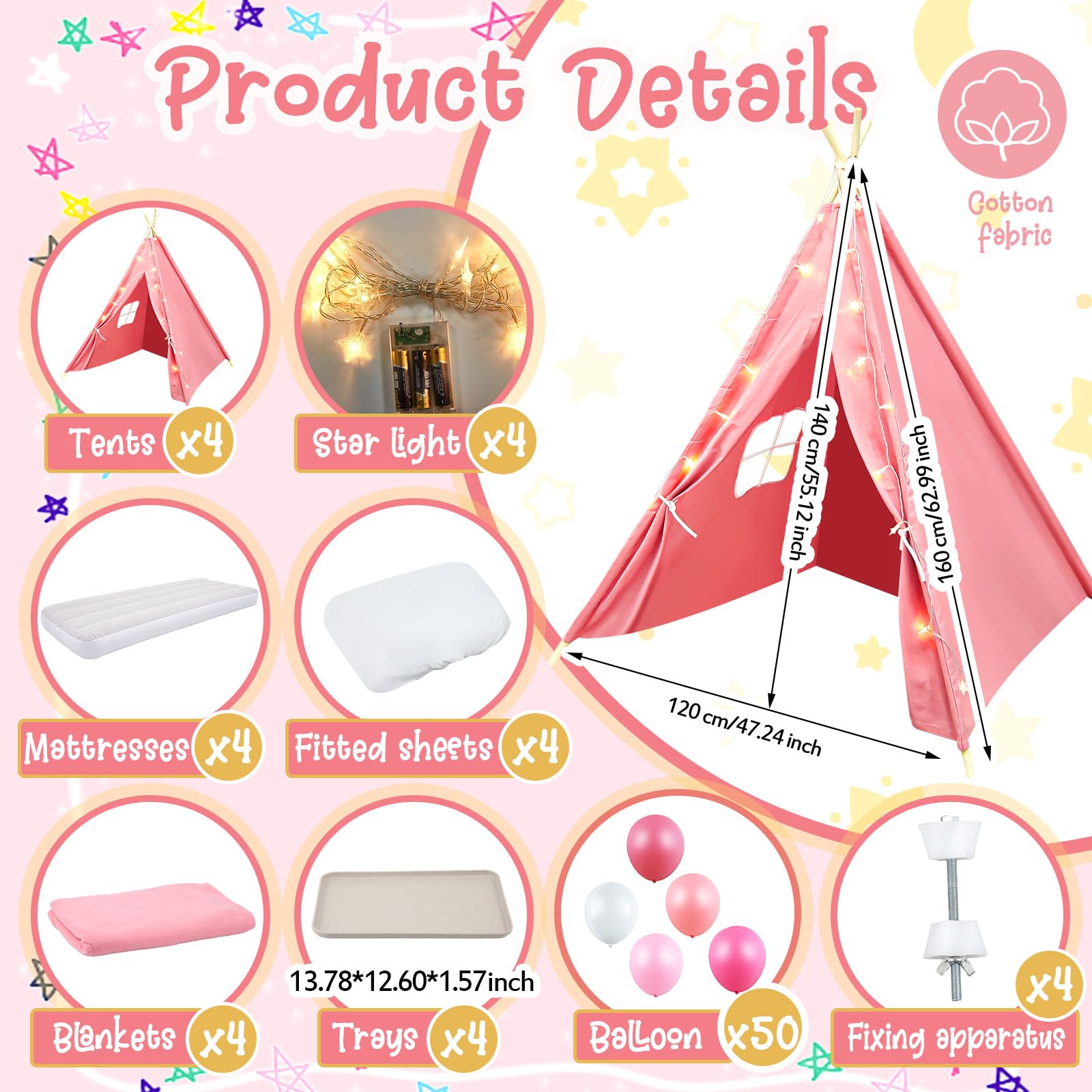 Windyun pink teepee interior showing a cozy reading nook with lights