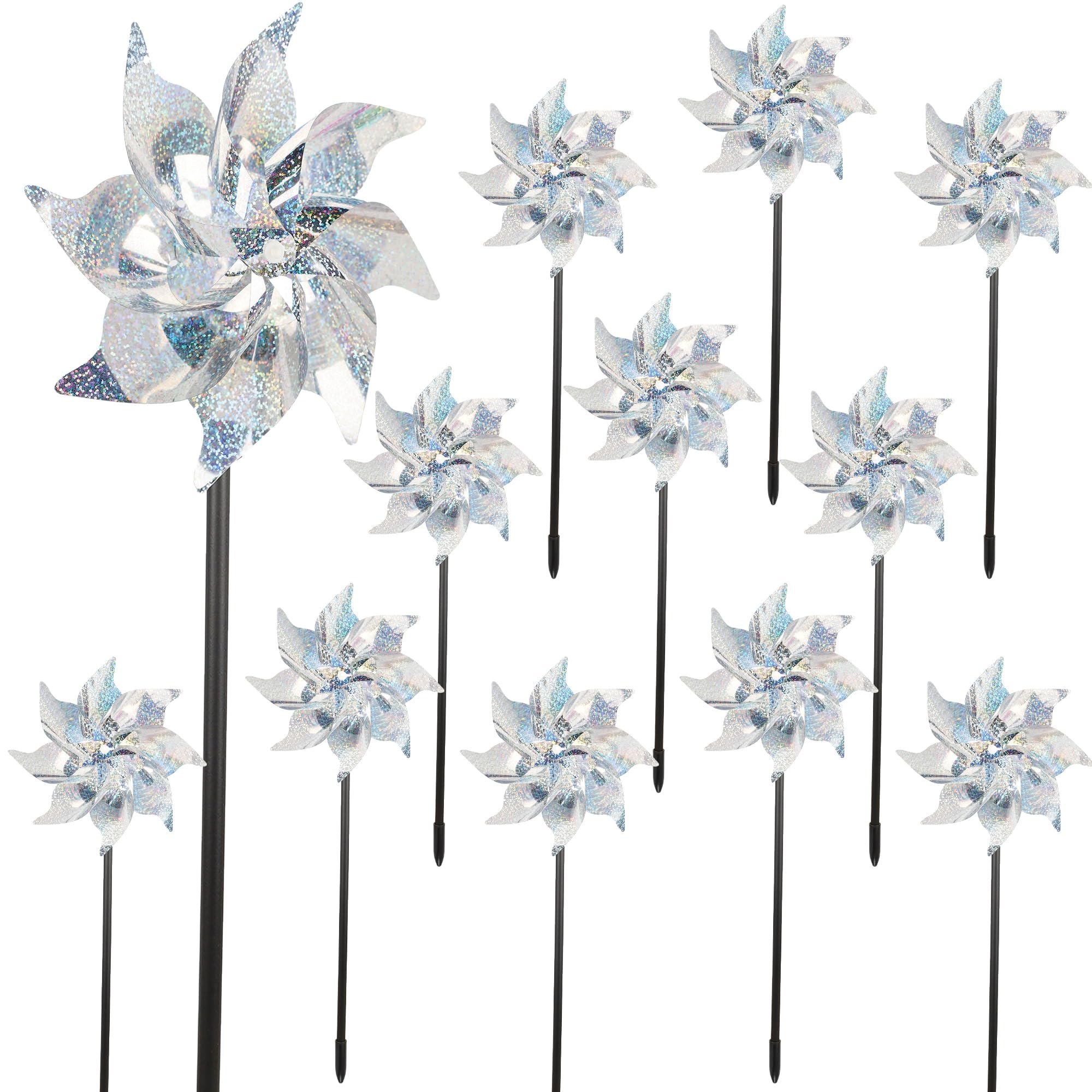 Winemana reflective pinwheels sparkle in sunlight to deter birds in the garden.