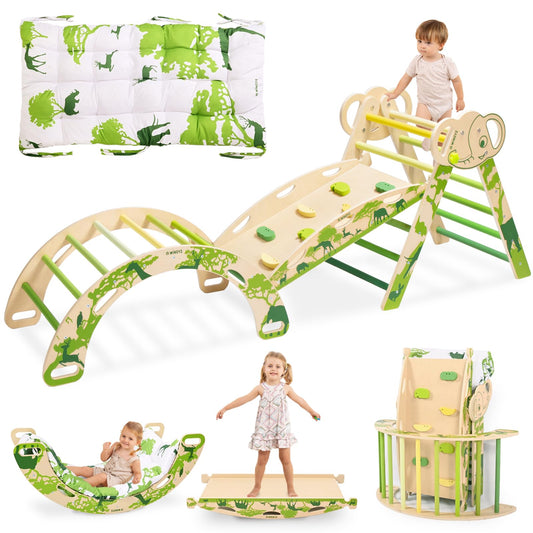 Wingyz 8-in-1 Pikler triangle green arch designed for gentle climbing and imaginative play.